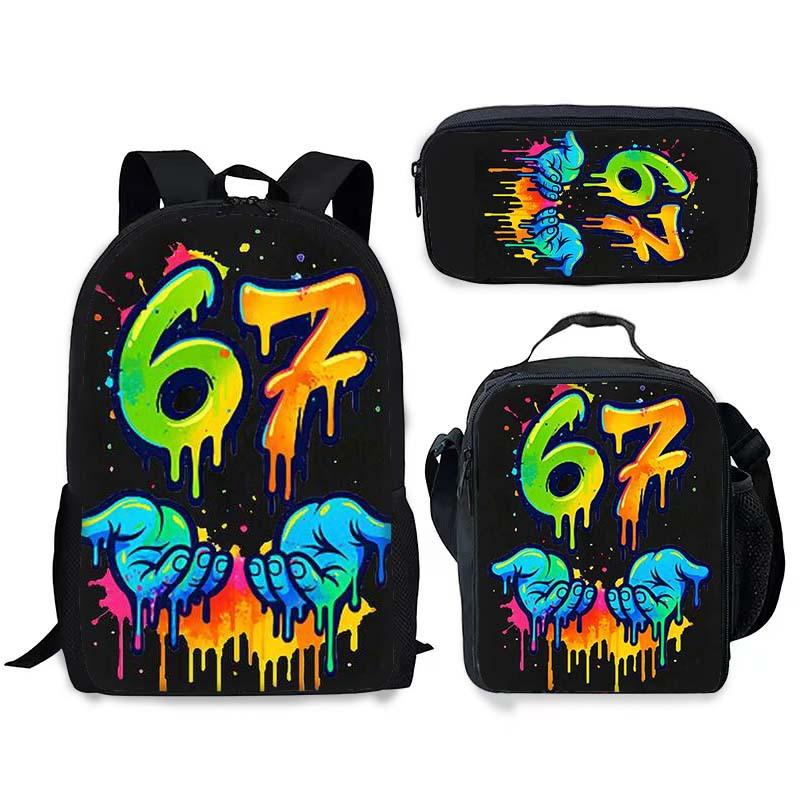 Fashion Trend New Stem 67 Six Seven Printed Schoolbag Meal Bag Pencil Bag Three-Piece Set, Cool Student Schoolbag
