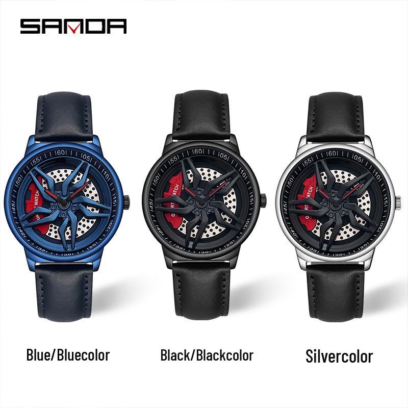 Sanda Cool Wheel Men's Skeleton Dial Leather Strap Waterproof Quartz Watch