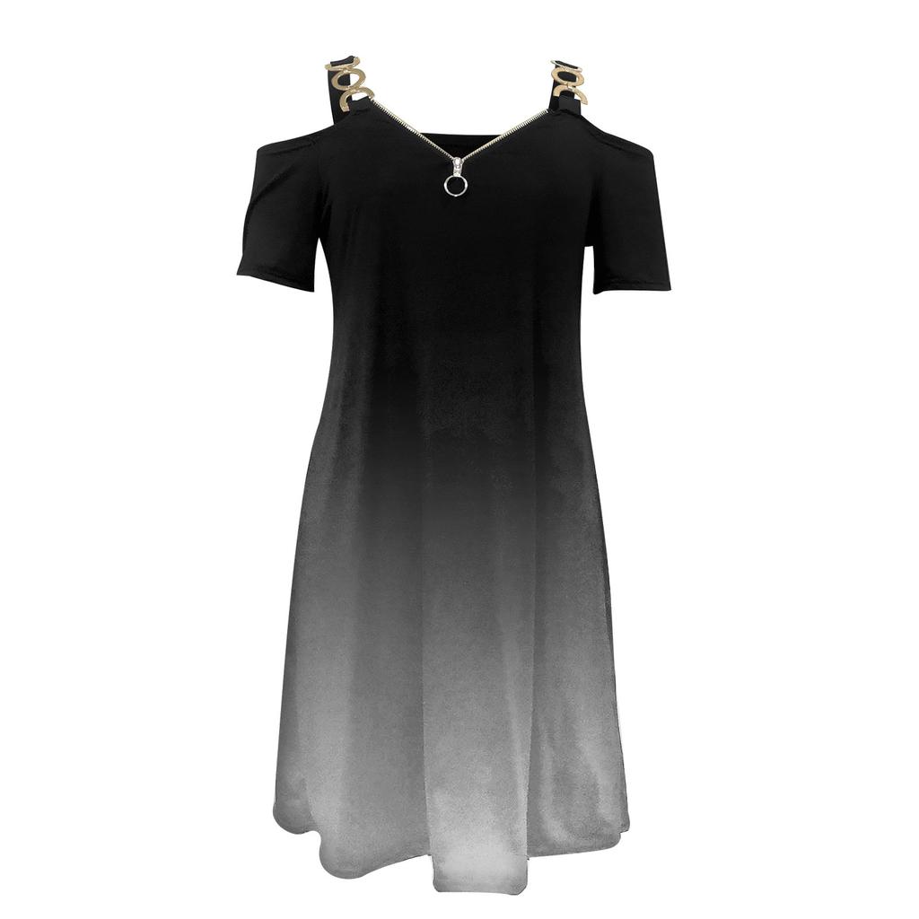 Women Casual Sling Off Shoulder Short Sleeve Zipper V-neck Gradient Color Dress