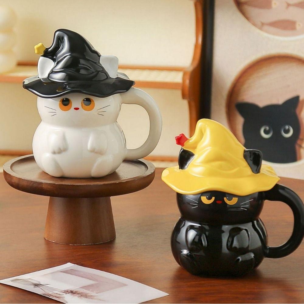Magic Hat Creative Ceramic Ghost Cat Mug 450ml with Lid Magic Kitty Coffee Cup Cute Cartoon Cat Mug Afternoon Tea