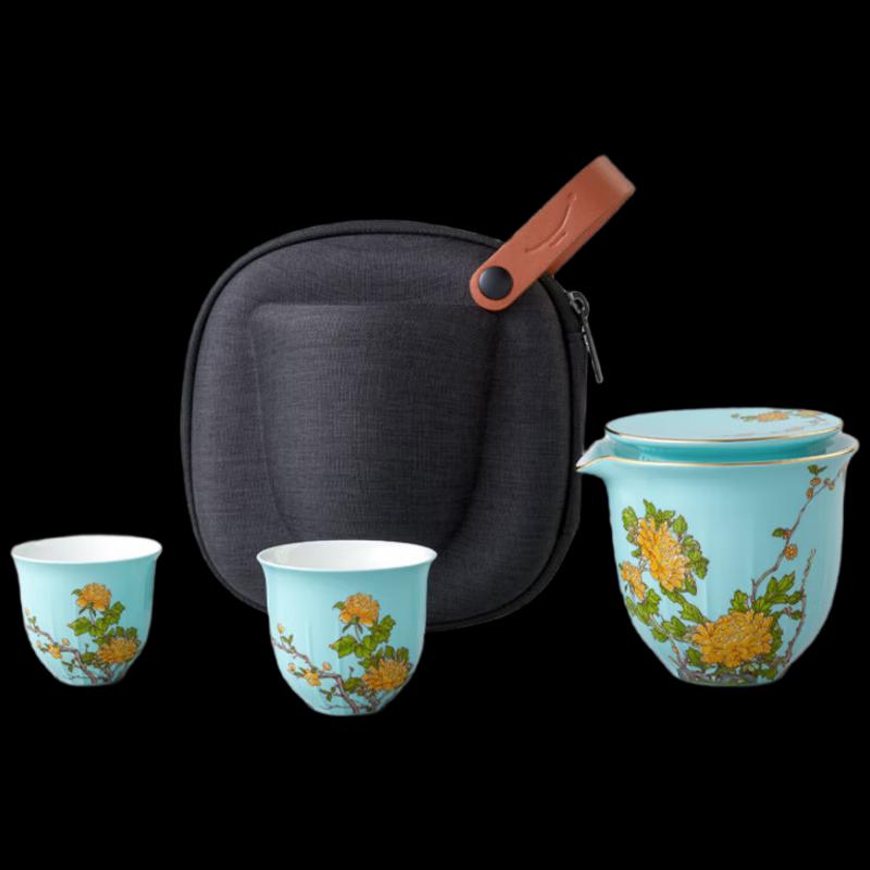 Auratic Madam Porcelain West Lake Blue 4-Piece Travel Tea Set