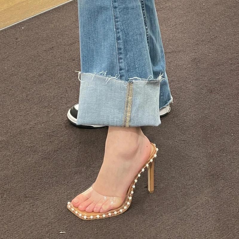 Fashion 2025Summer Stiletto Sandals Women's Fashion Square Head Shallow Mouth Transparent Strap Beaded Non-slip High-heeled Slippers