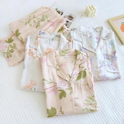 Conjunto de Pijama Feminino Novo Primavera/Verão Gongsatin Algodão Seda Fibra de Viscose Seda Liso Alto Padrão Casa Pelo Conjunto de Duas Peças