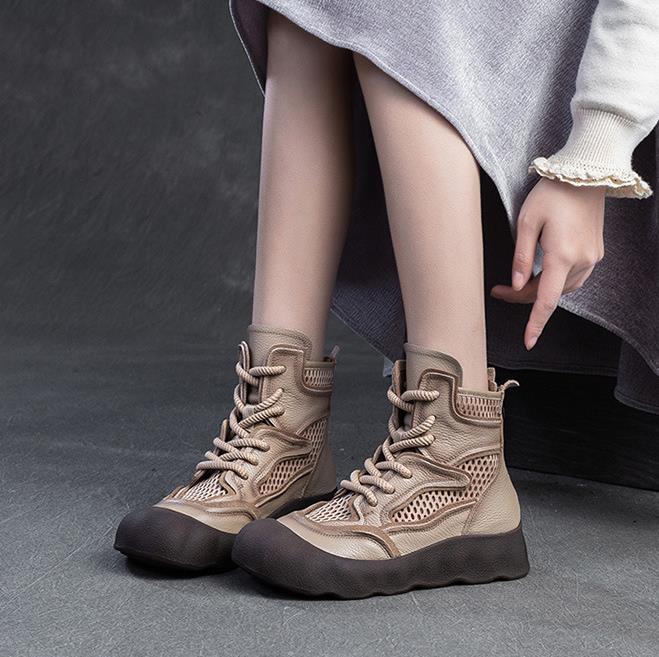 Fashion 4CM 2025 High Quality Spring/Summer New Hollow-out Breathable Retro Short Boots Genuine Leather Thick Soled Women's Shoes
