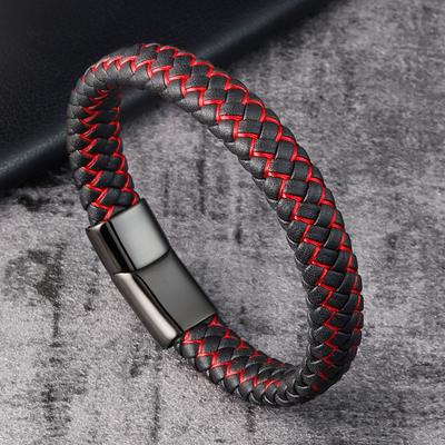 Trendiges rotes Echtlederarmband für Herren Schmuck Mehrfarbig Edelstahl Magnetverschluss Geflochtenes Armband Männliches Punk Geschenk