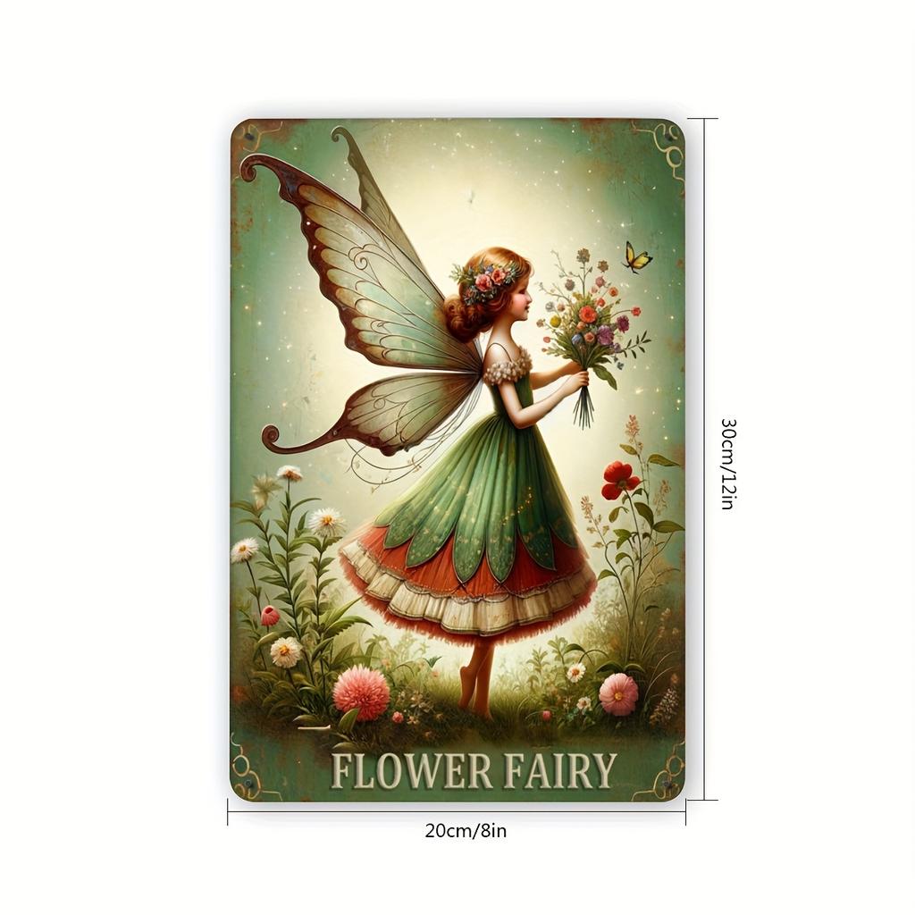 Vintage Flower Fairy Metal Tin Sign - Nostalgic Garden Fairy Wall Decor - Retro Engraved Foil Art - For Living Room, Bedroom