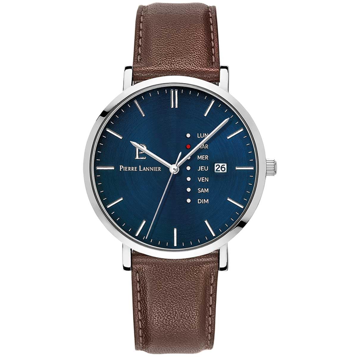 

Wristwatch DATA Leather Strap Date Day of the Week Calendar Waterproof Second Hand Imported [Pierre Lanier] Men s [Regular Product] (Blue) синій