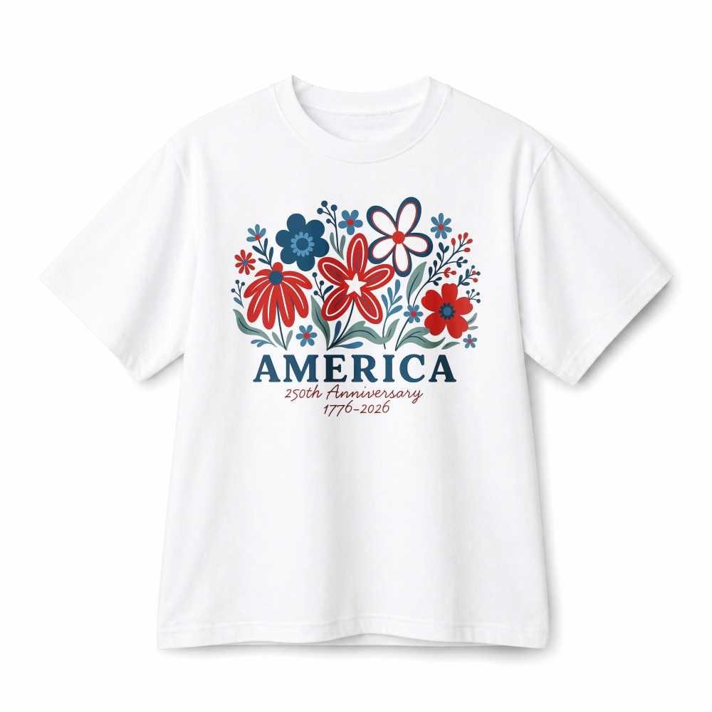 America 250th Anniversary Red Blue Floral Patriotic Retro Graphic Cotton T-Shirt XL