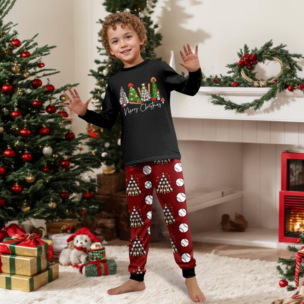 Christmas Print Round Neck Family Matching Long Sleeve and Pants Pajama Set, Holiday Loungewear