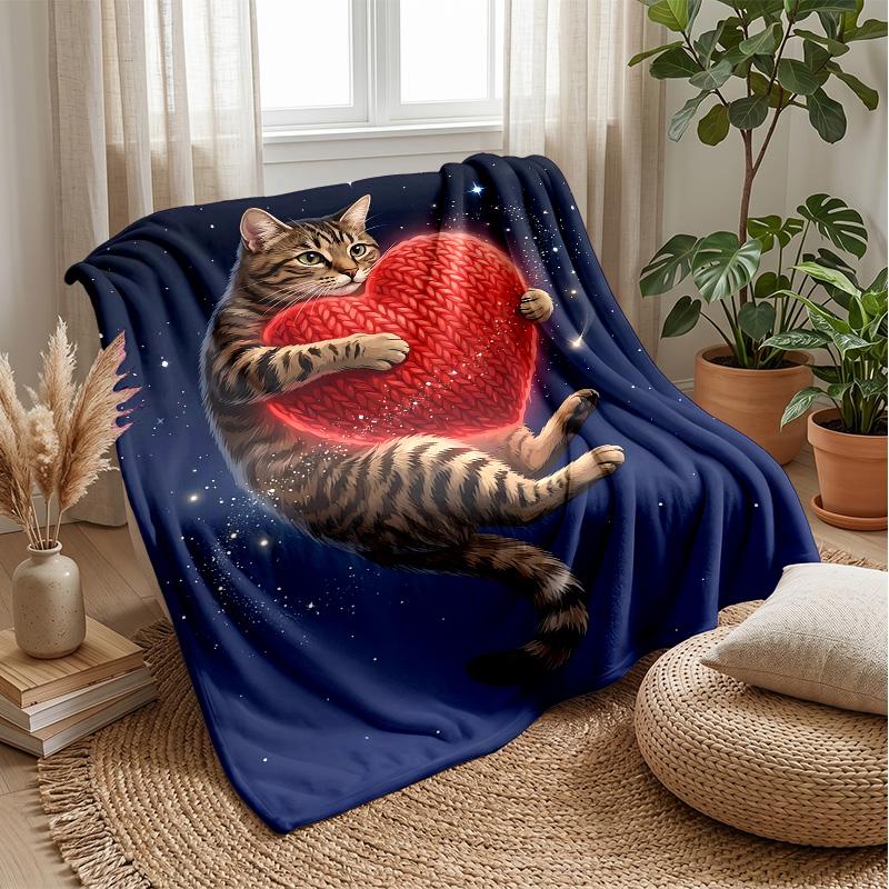 Tabby Cat Holding Red Heart Theme Blanket Lightweight Warm Flannel Blanket Decorative Throw Blanket for Home Decoration