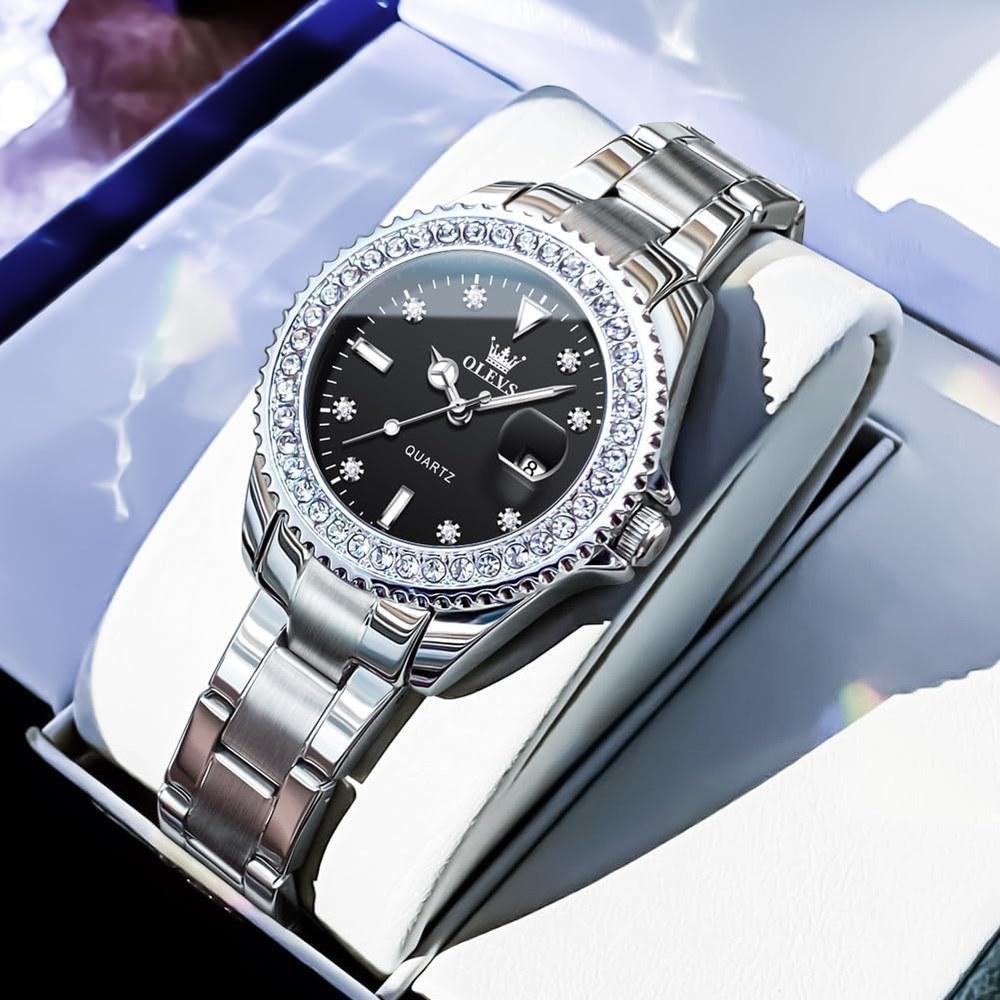 OLEVS Women's Quartz Wristwatch Stainless Steel Diamond Dial Luminous 30M Water-Resistant Stylish Cute Business Gift Black