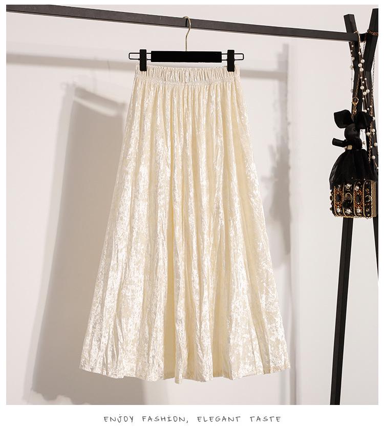 Pleated Velvet A-Line Skirt: Women's Versatile Mid-Length High-Waisted Slimming Style for Autumn and Winter