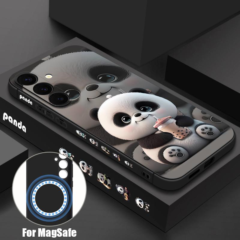 

S26 Ultra Case Milk tea-drinking Panda Magnetic For Magsafe Soft Silicone Cover For Samsung Galaxy S25 FE S24 Ultra S23 S22 Plus S21 Samsung S26 Plus чорний