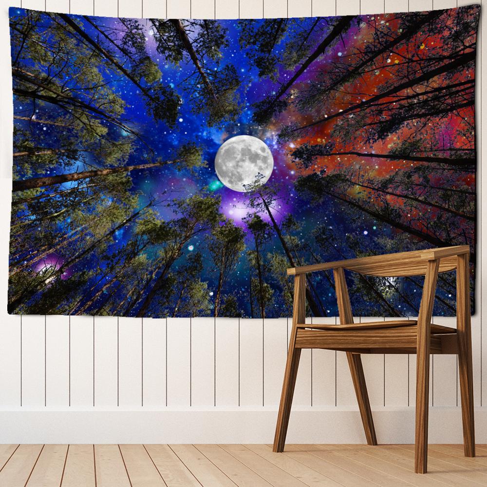 Moon Forest Tapestry Wall Hanging Psychedelic Night Sky Trees and Stars Fabric Polyester Home Decor Background Fabric