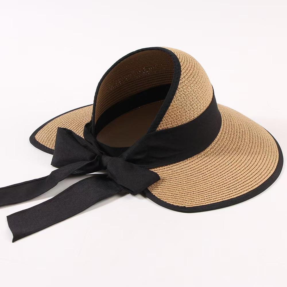 New Women's Straw Hat Summer Trip Beach Sunshade Hat Korean Fashion Bow Streamer Foldable Empty Top Hat