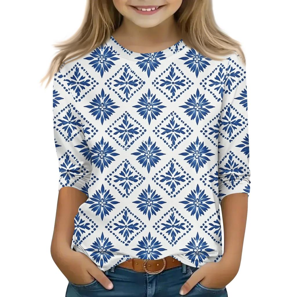 Print Tops For Youth Girls Round Neck 3/4 Sleeves T-Shirts Trendy Tops Outfit Tees