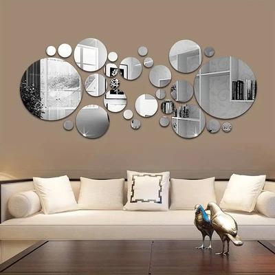 26pcs/Set 3D Round Mirror Wall Sticker Self-Adhesive Diy Decoration Bedroom Living Room Bathroom Background Decoration