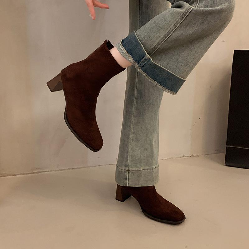 High-heeled Short Boots Women's 2025 New Spring and Autumn Single Boots Thick Heel French Small Ankle Boots Rear Zipper Square Head Elastic Thin Boots