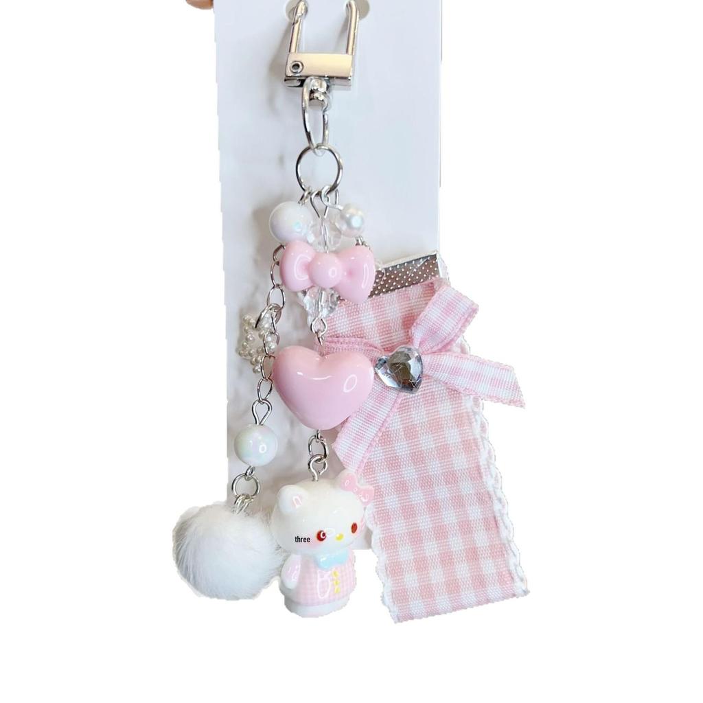 Pink Cartoon Cat Phone Charm & Heart Fur Ball Keychain Pendant