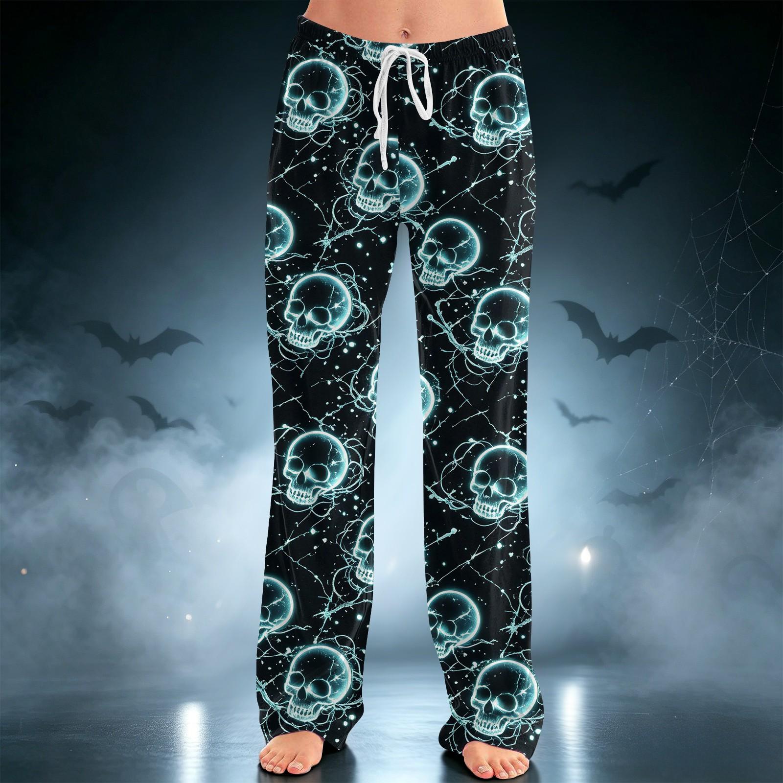 Women s Casual Pants with Drawstring Wide Leg Halloween Print for Holiday Relaxation XXXL
