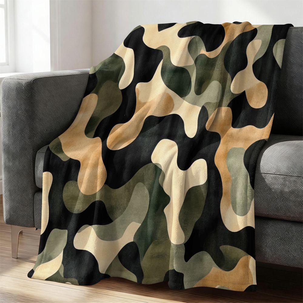 Watercolor Camouflage Flannel Blanket Soft Throw Rug for Bed Couch Camping Decorative Gift Blanket Cozy Warm Bedding 100cmx150cm
