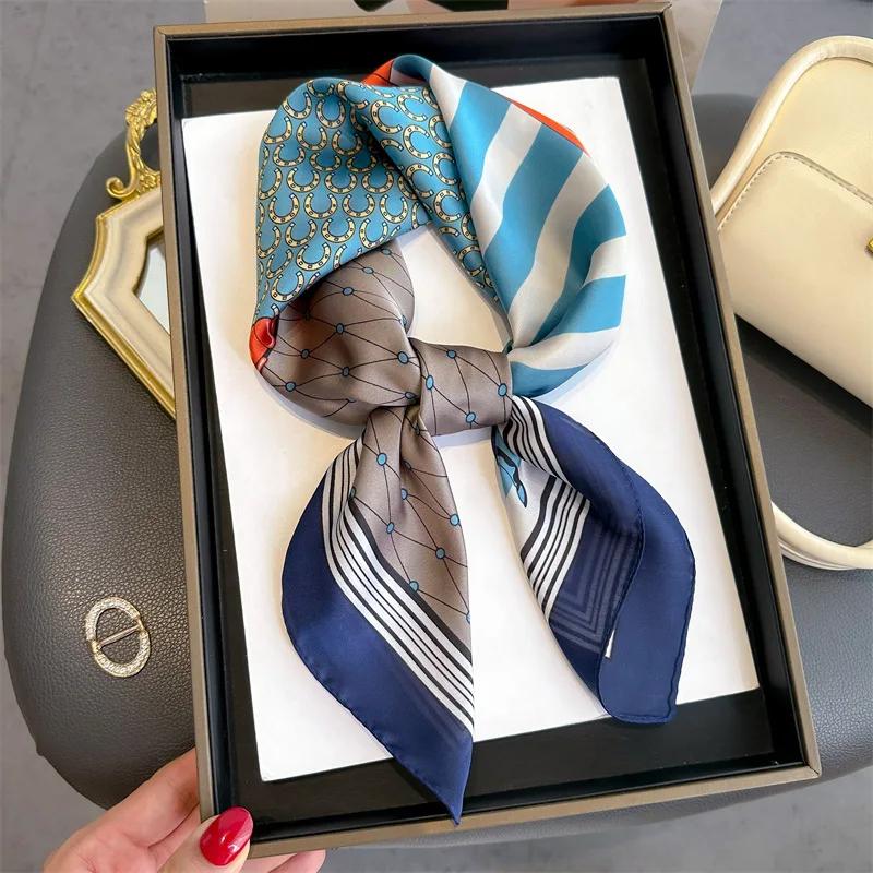 Women Luxury Design 70*70cm Horse Print Silk Square Scarf New Soft Satin Hairband Neckerchief Ribbon Hijab Headband Foulard Gift