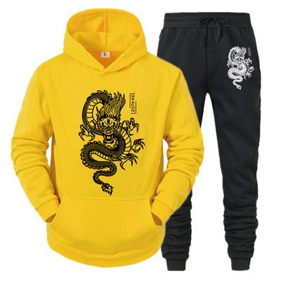 Trainingspak Set Hoodie+Broek Lente Winter Draak Print Casual Fleece Sweatshirt Sportkleding Homme Streetwear Kleding
