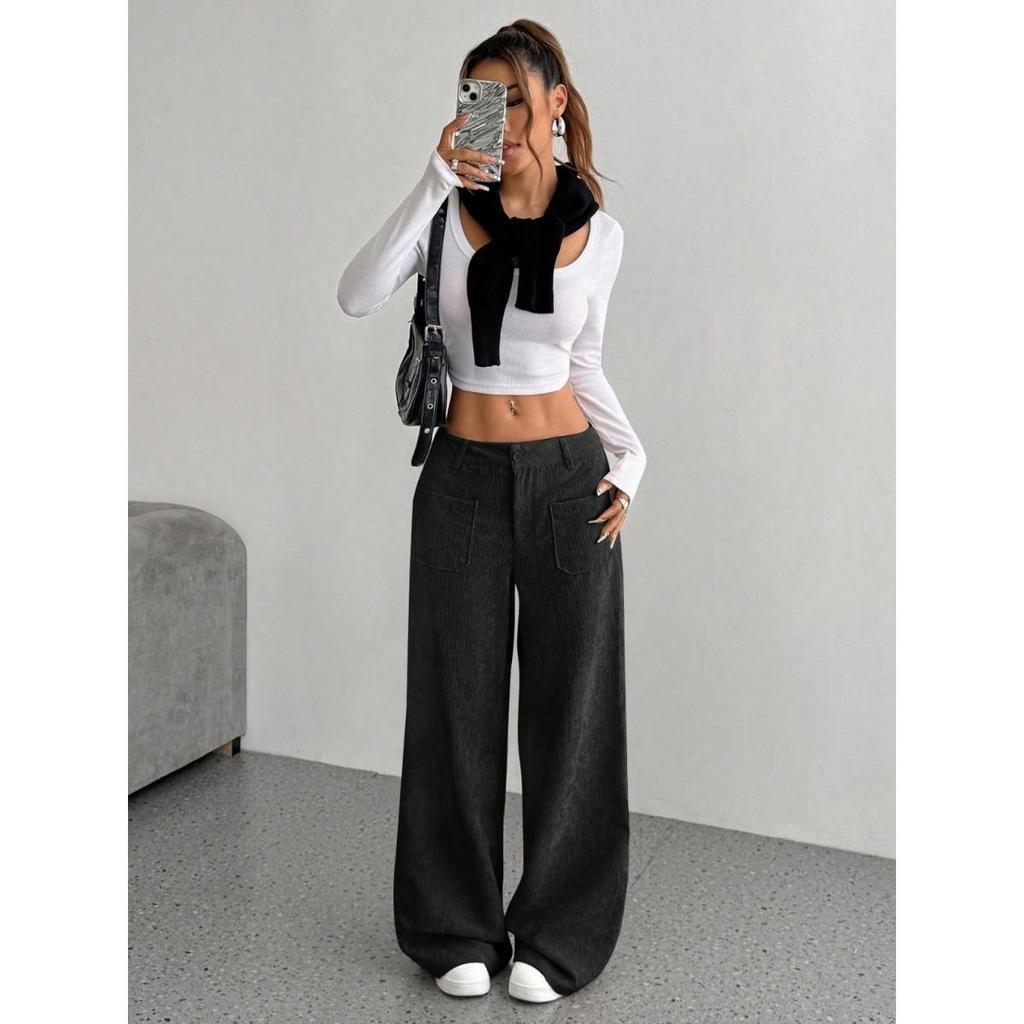 Corduroy-Textured Women's High-Waisted Wide-Leg Pants | Relaxed Fit, Side Pockets & All-Season Comfort, Machine Washable Beige Trousers