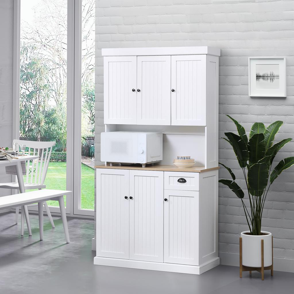 180cm Freestanding Kitchen Cabinet, Modern Storage Cupboard with Open Countertop, Drawer and 6 Doors, White