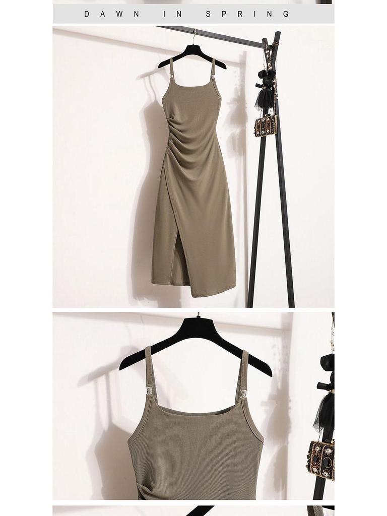 Plus Size Slimming Camisole Dress - Women's Waist-Cinched Spring/Summer Slit Outerwear Skirt