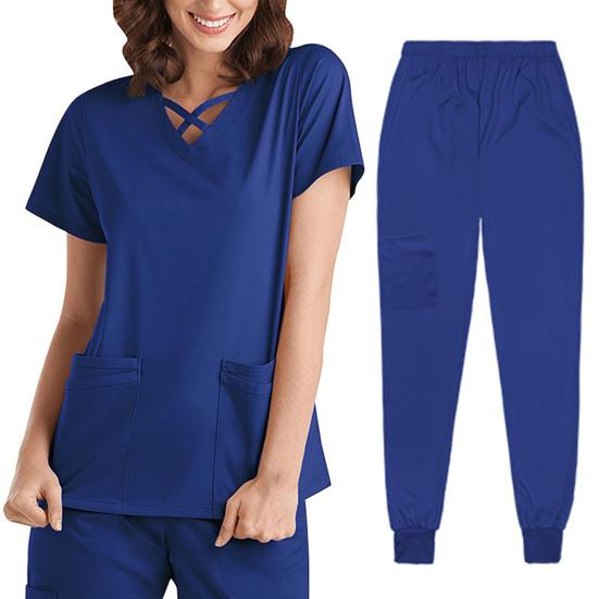 2 stk/sett Unisex sykehusuniformsett V-hals kortermede lommer Topper Elastiske midjebuksesett Hurtigtørkende sykehus tannpleie scrubs uniformer