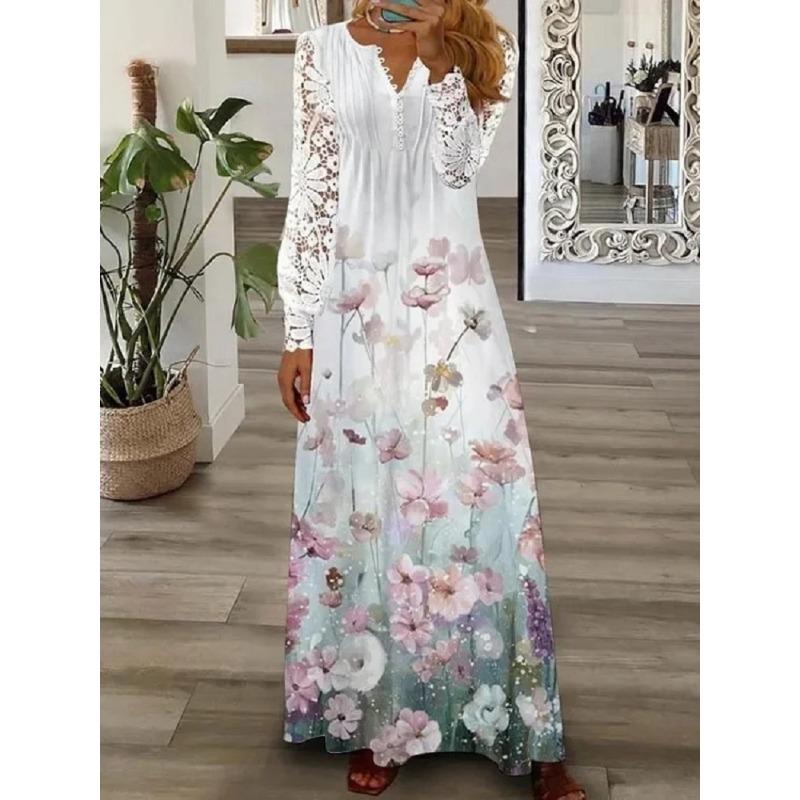 JPNTKYWomen's Fashion Autumn Winter Solid Color Print Long Sleeve V-Neck Casual Dresses