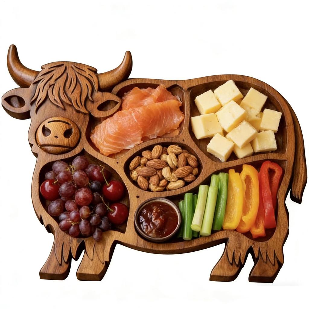 Dřevěná charcuterie deska s motivem krav z hor, s přihrádkami na svačinu, ovoce, maso, sýr, servírovací tác, venkovský styl, rodinná oslava