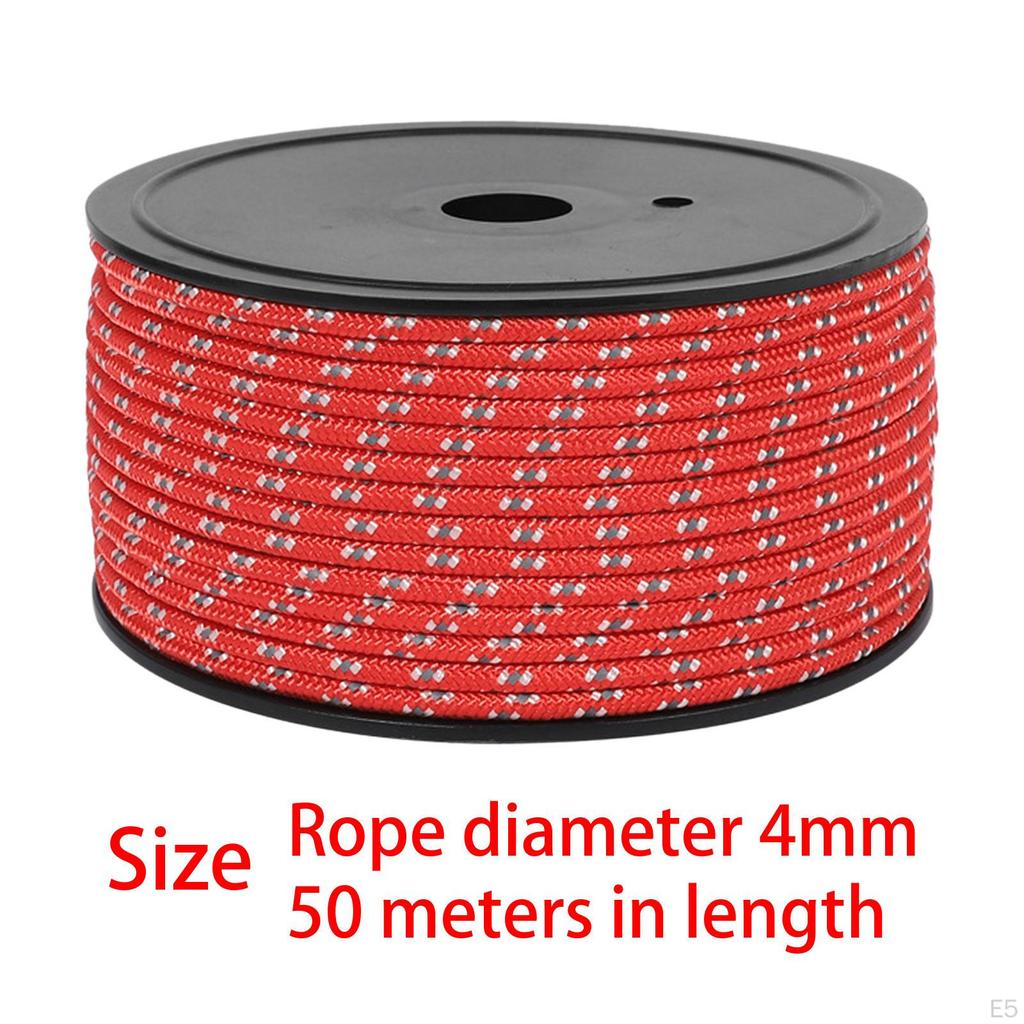 50M Camping Tent Rope, Outdoor Guy Lines, 4mm Thickness, Reflective Rope Wind for Fishing
