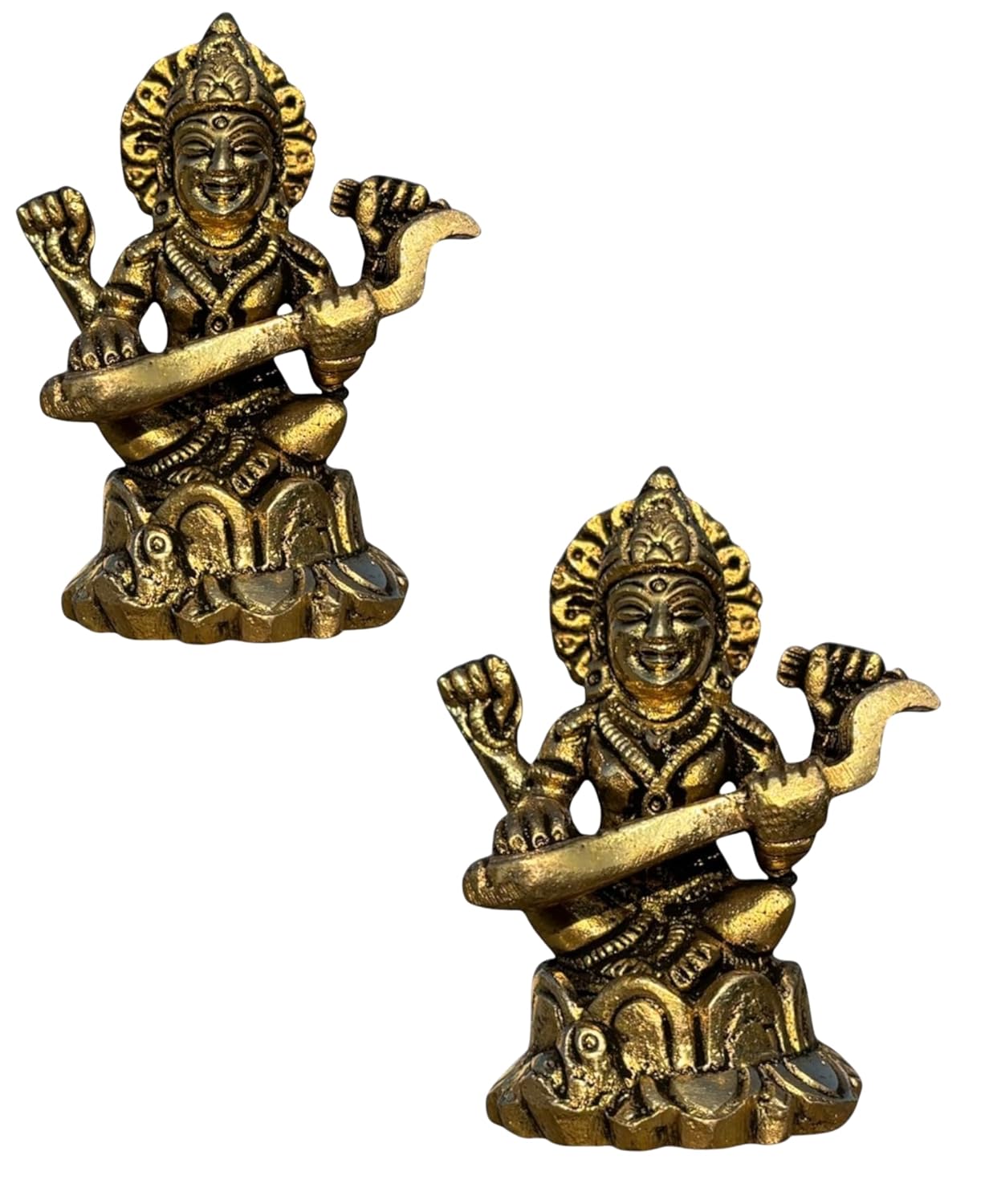 

Gold Saraswati Maa Brass Idol, Stunning Compact Decorative Statue, Brass - 7cm