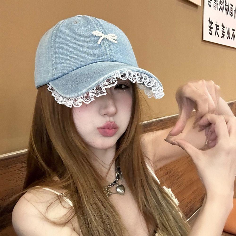 Pearl Bowknot Baseball Hat Lace Denim Hat Versatile Peaked Cap  Outdoor