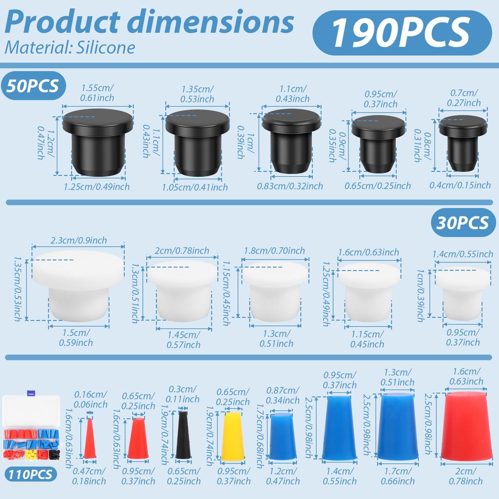 190Pcs Silicone Rubber Tapered Plugs High and Low Temperature Resistant Waterproof 8 Sizes From 1/16 To 5/8Inch for Hole Plugs