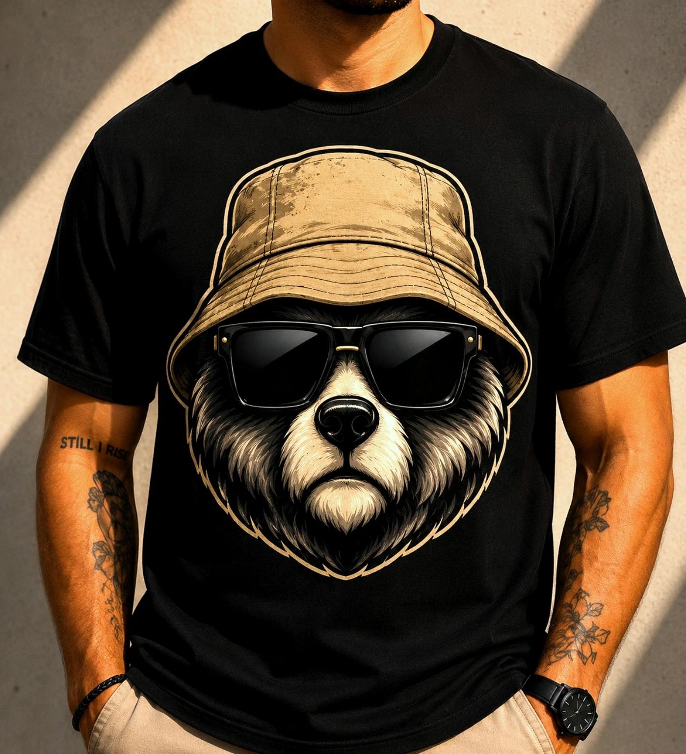 Bear Bucket Hat Shirt Cool Animal Streetwear Graphic Tee Top XL