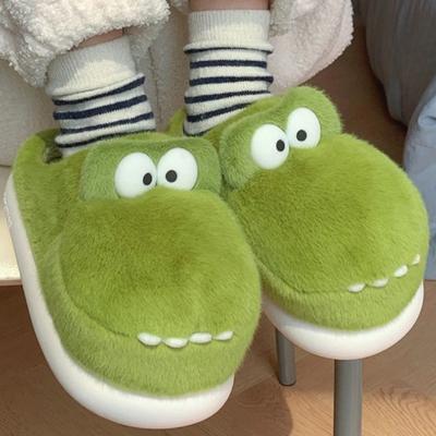 Crocodili drăguți, cu o singură bandă, iarnă, papuci noi pentru femei, cu platformă, cu toc moale, blană, călduroasă, în interior, confortabilă, acasă, pufoasă, pentru casă