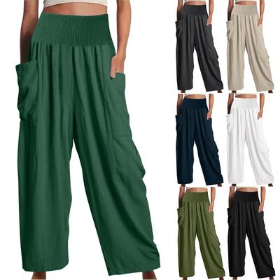 Women's Summer Elastic Band Solid Color External Pocket Decoration Cotton And Linen Loose Pants