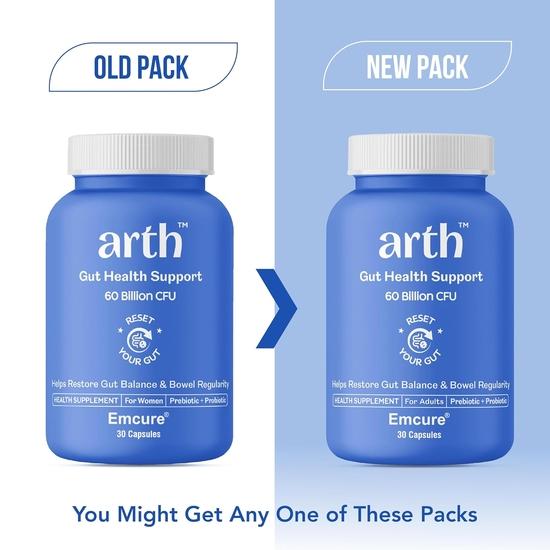 Arth Gut Health Capsules | Prebiotic & Probiotic Supplement with 60 Billion CFUs | Helps with Digestive Health, Gut Balance, Bowel Regularity| 30N Veg