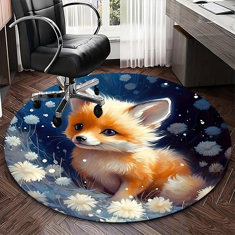 1pc Anime Fox with White Flowers Round Carpet Office Chair Mat, Non Slip Rug for Home Decor, All Seasons