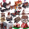 Set de Construcție MOC Scenă Medievală Tabără Militară Războinic Viking Soldați Cort Avampost Vas Pirat Grajd Zid de Castel Cărămizi Jucărie