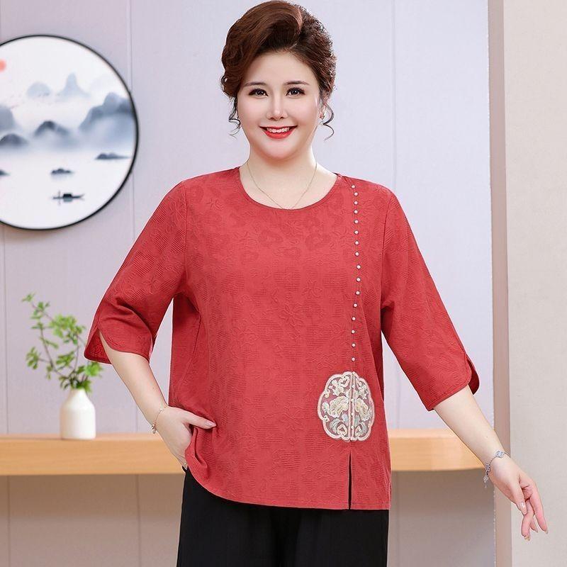 Summer Dress with Three-quarter Sleeves Plus Fat for Middle-aged and Elderly People New Chinese Style National Style Embroidery