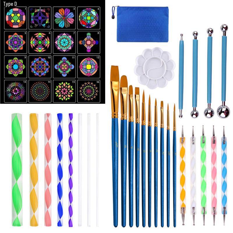 44-Piece Mandala Tool Set: Acrylic Rods, Indentation Steel Ball Pens, and Paint Brushes Kit