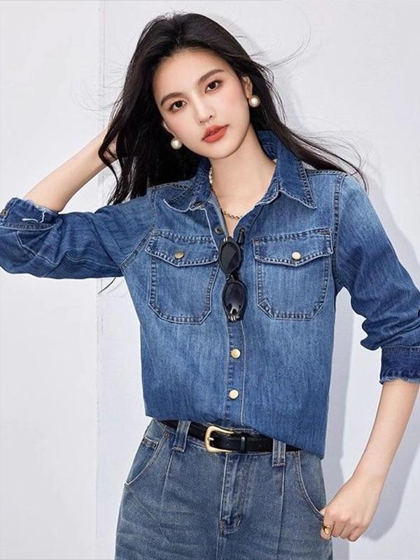 Women's Petite Retro Hong Kong Style Denim Shirt Jacket - Spring/Autumn Fashion, Loose Fit Cardigan, Drop Shoulder Slimming Design