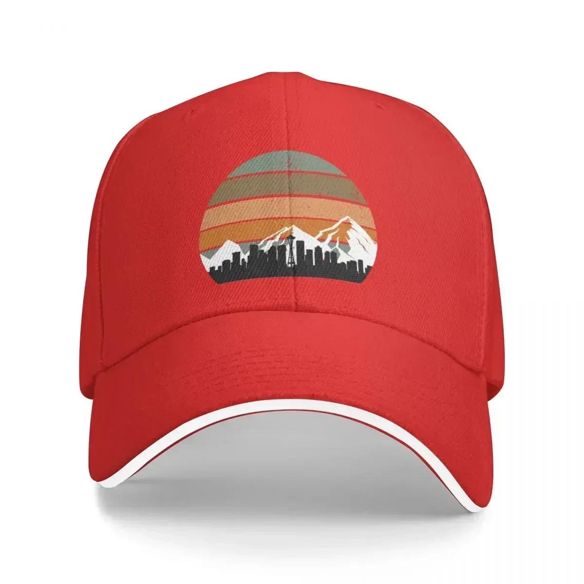 

Retro Seattle Skyline with Mountains Baseball Cap Uv Protection Solar Hat Fashion Beach Brand Unisex cap Unisexs Luxury WoUnisexs