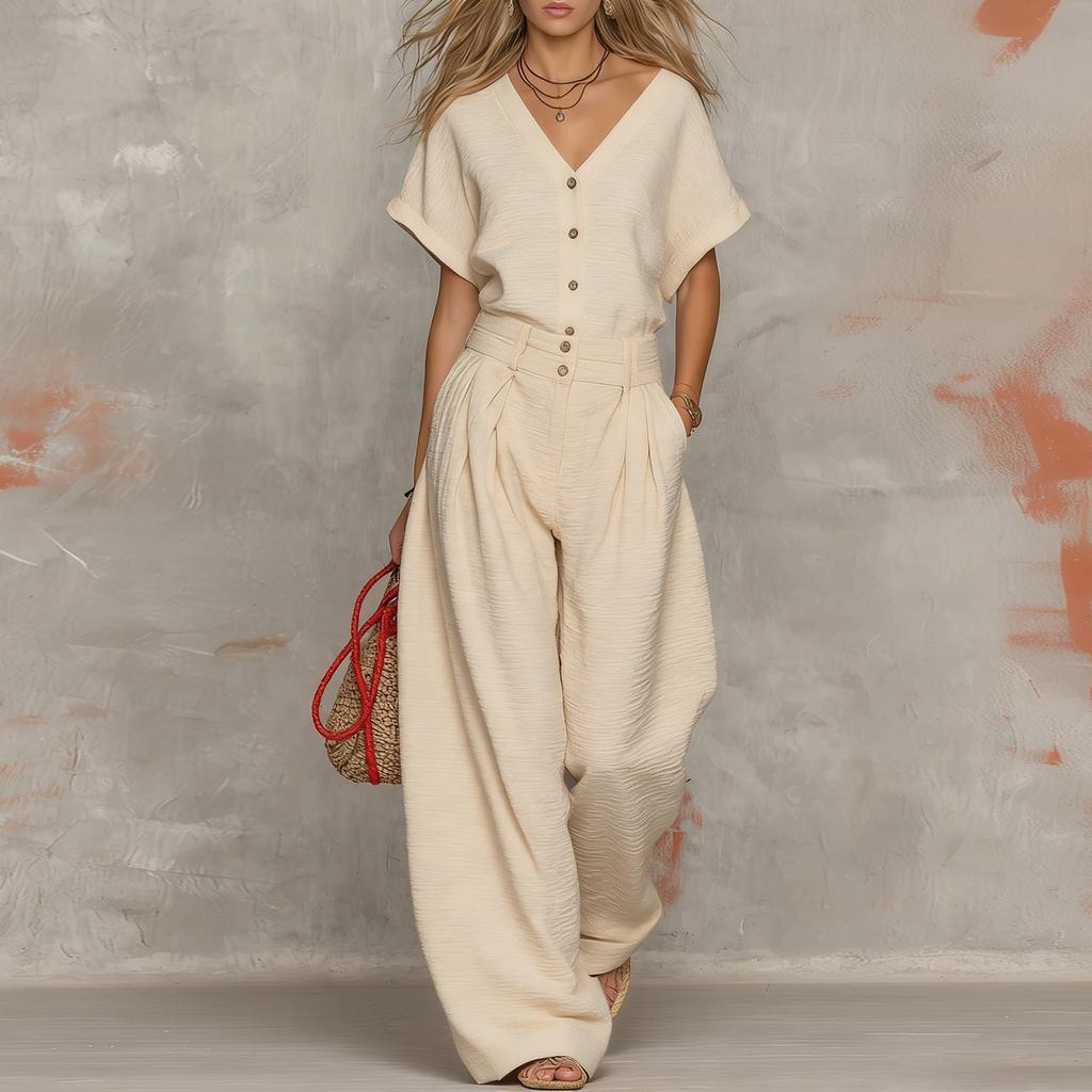 Damen V-Ausschnitt Kurzarm Knopfleiste Oberteil mit Weitbein Hosen Set Lässiges Zweiteiler Outfit Sommer Lockerer Schnitt