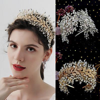 Luxury Exaggerated Metal Flower Leaf Wide Headband Pure Hand-knitted Pearl Rhinestone Banquet Performance Photo Headwear