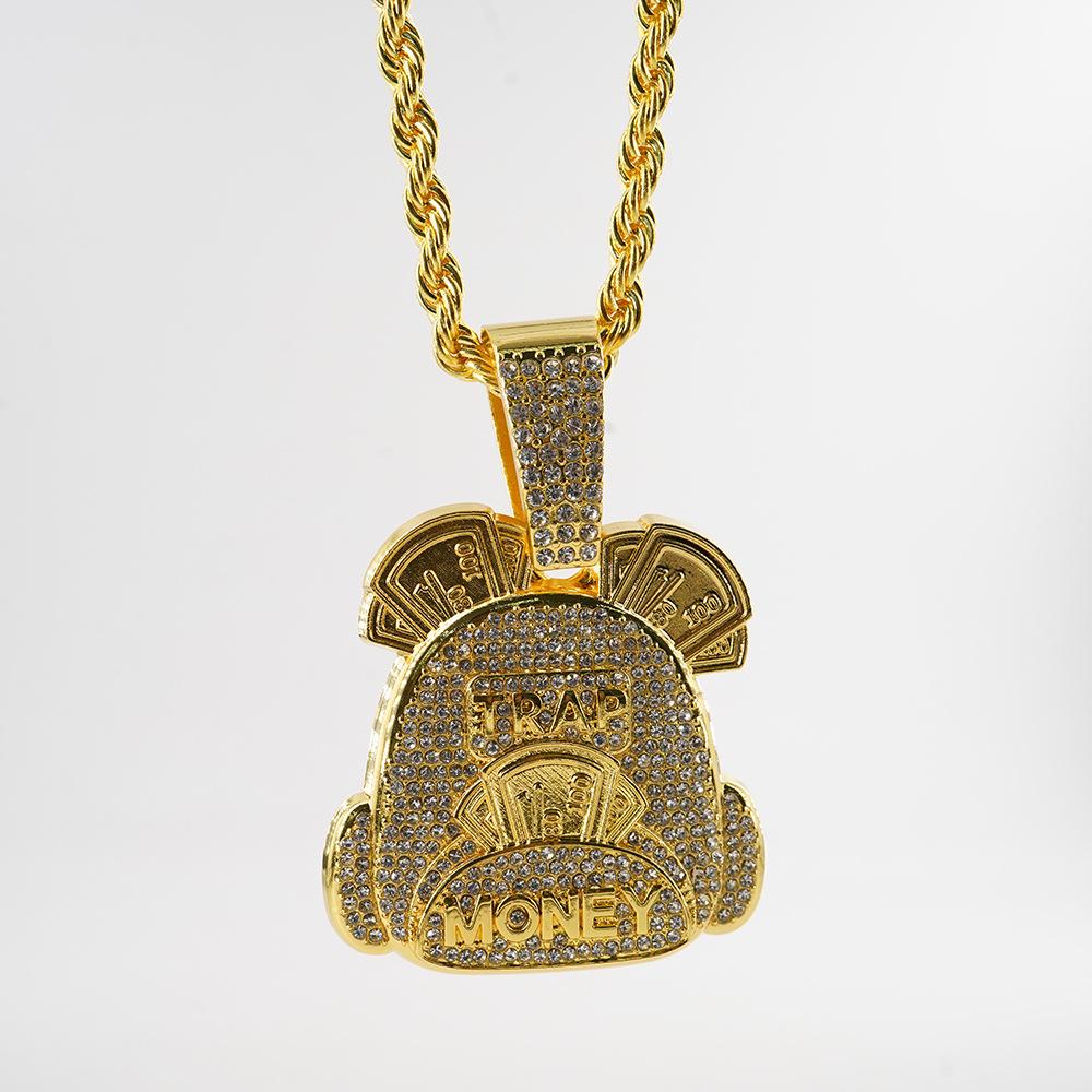 Backpack style hip hop pendant necklace money bag pendant with 5mm twist chain necklace